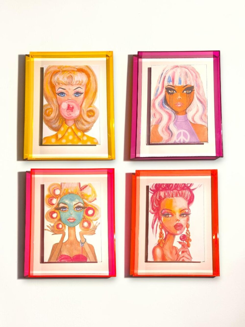 OOAK Barbie Modern Pop Art Acrylic Floating Framed Print Set 4 Piece Multi-Color